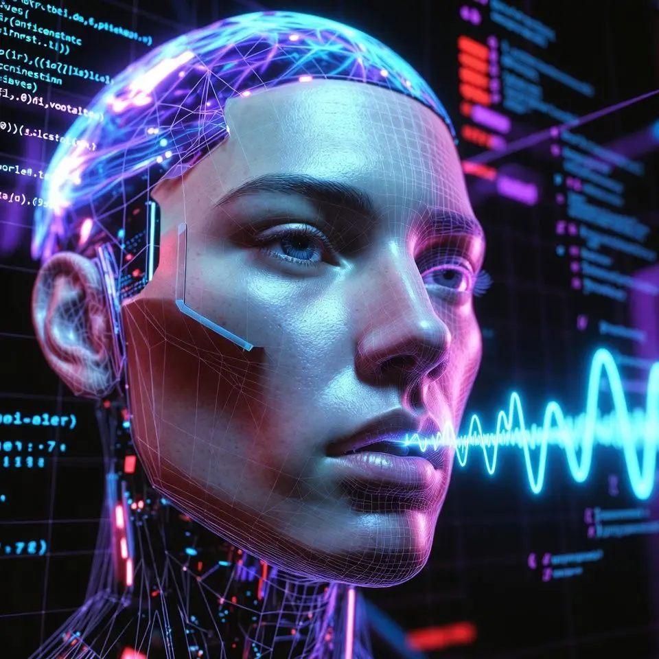 Ilustrasi avatar wajah AI yang sedang berbicara dalam video presentasi digital